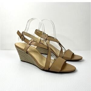 Cole Haan Womens 9.5AA Narrow Espadrille Low Wedge Strappy Tan Leather Sandal